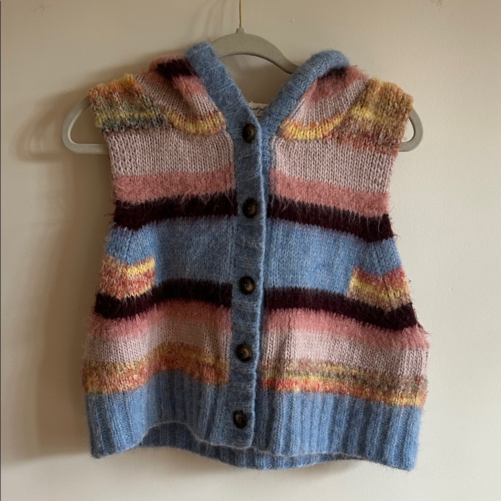 Free People Rosetta Multicolor Striped Knit Hooded Vest large Pink Blue Yellow